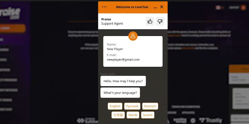 Contact Praise Casino support via live chat widget